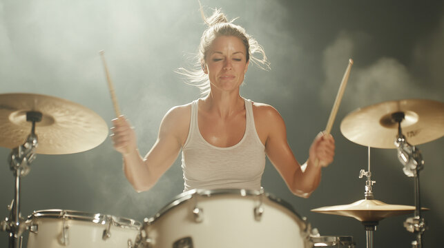 Energetic Drummer Performance: A focused female drummer passionately plays her drum kit, surrounded by atmospheric smoke and dramatic lighting, showcasing her skill and intensity. 