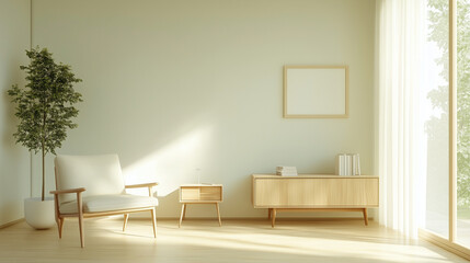 Serene Living Room: Sunlight streams into a minimalist living room, illuminating a comfortable armchair, wooden side table, and low cabinet, creating a calm and inviting atmosphere.