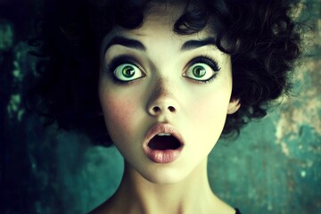Fototapeta premium Commercial commercial visual idea. Stunning very shocked mixed-race girl - for ads, advertisement and social internet ad use. Short haircut - curly hair. Black woman portrait shot.