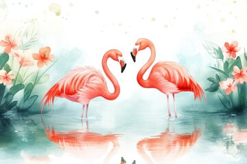 Obraz premium Two elegant flamingos stand gracefully by a serene pond, surrounded by vibrant flowers, capturing a moment of tranquility in nature's beauty.