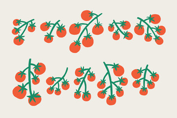 Set Various Tomato Cherry Branch. Vegetable Pomodoro Vine Collection. Hand Drawn Vector Isolated Illustration