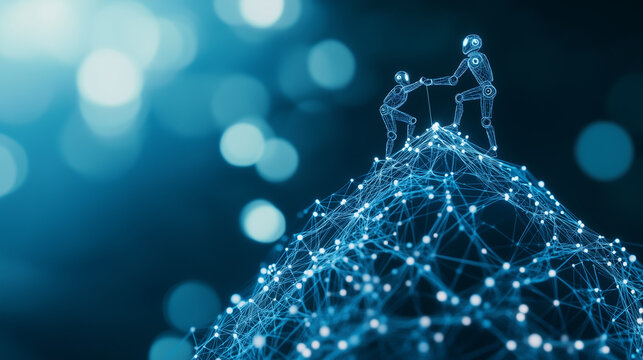 Reaching the Summit:  Abstract figures collaborate to reach the peak of a stylized mountain, symbolizing teamwork, innovation, and overcoming challenges in a digital landscape. 