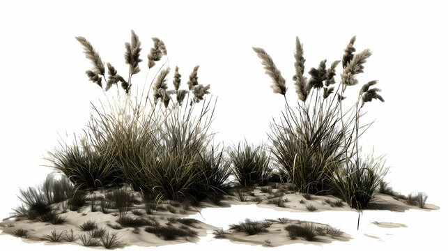 dry grass meadow shrubs isolated on white background,generative ai