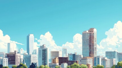 Obraz premium Bright and Cheerful City Skyline with Blue Sky and Fluffy Clouds