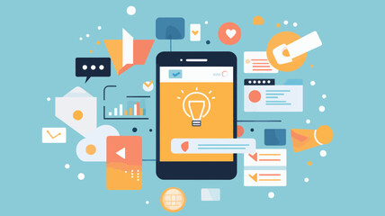 Mobile Marketing Concept Vector Illustration with Social Media Icons, Graphs, and Communication Elements for Digital Advertising and Strategy Planning