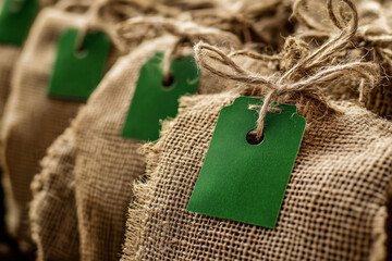 Close-up view of burlap-covered jars with green tags, each secured with a rustic twine, emphasizing an eco-friendly presentation.