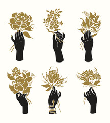 Hand signs with flower aesthetic logo illustrations