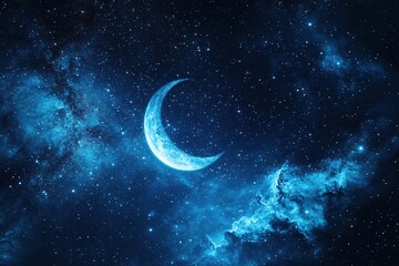 Crescent moon in a starry night sky with blue nebula and cosmic dust creating a celestial scene