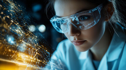Focused scientist examining digital data holographic projection.
