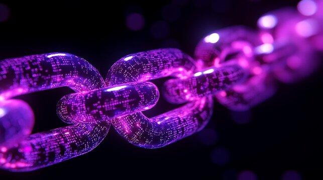 3D purple chain with binary code on a black background - Powered by Adobe