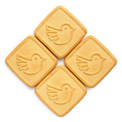 Cookies with the image of birds on a white background. A few sweet cookies.