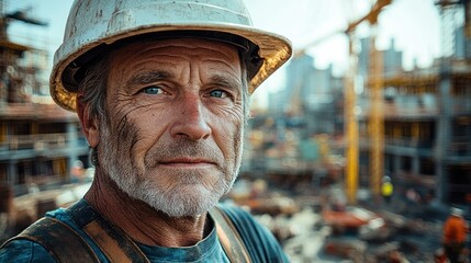 Fototapeta premium Construction worker focused amidst site activity