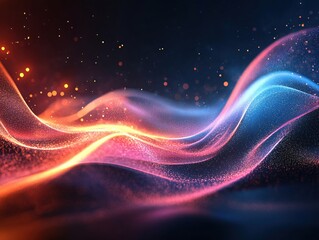 Fototapeta premium Abstract flowing waves of light with glowing particles in red orange and blue on dark background