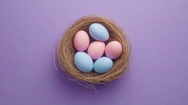Pastel eggs nest purple background spring holiday