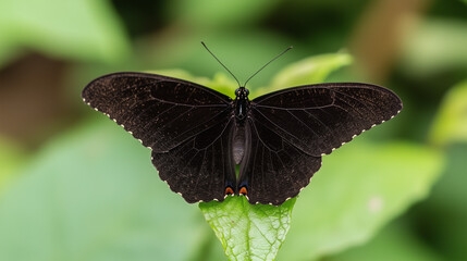 Obraz premium Black Butterfly on Leaf: A striking black butterfly with iridescent blue markings rests delicately on a green leaf, its wings outstretched in a breathtaking display of nature's artistry. 