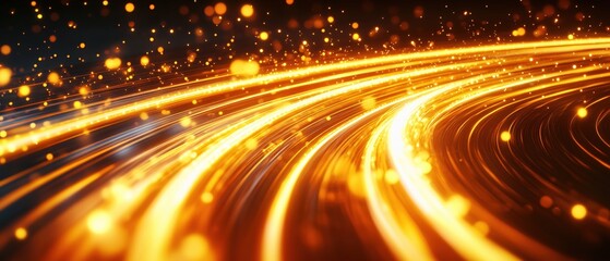 Abstract golden light trails with bokeh effect creating a dynamic and futuristic background