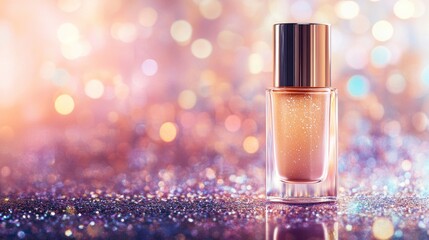 Shimmering serum bottle on glitter, bokeh background; beauty product