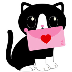 black and white cat, Valentine’s kitty, monochrome cat illustration, romantic feline art, cat with hearts, black and white kitten, love-themed cat drawing, cat holding heart, heart balloon kitty