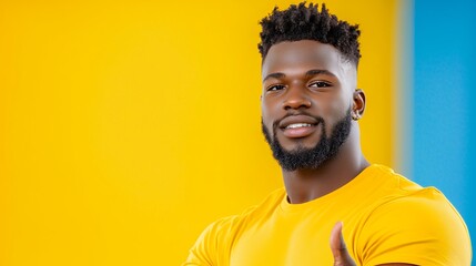 Fototapeta premium Portrait of a Smiling Muscular Young Black Man with Textured Hair and Beard Giving Thumbs Up