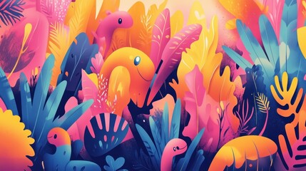 Vibrant Tropical Paradise: A whimsical illustration of colorful creatures amidst lush foliage, celebrating nature's vibrant hues and playful energy.