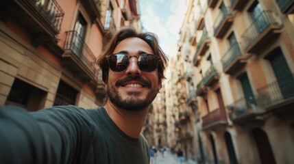 Confident tourist taking a selfie outside the street of Barcelona Spain, Tourism and vacation concept