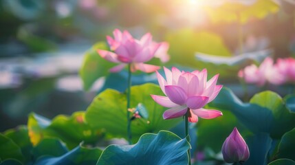 Fototapeta premium Pink lotus flowers blooming at sunrise in a pond