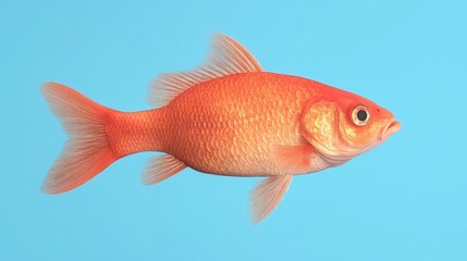Fototapeta premium Vibrant Goldfish: A single, stunning goldfish glides through clear blue water, its scales shimmering in the light, creating a simple yet captivating image of aquatic beauty.