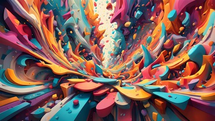 Abstract vibrant colorful 3D shapes forming a dynamic, swirling tunnel.