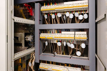 Electrical control panel with organized wiring and components in a commercial building