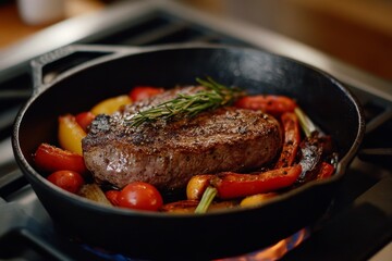 Sizzling steak and vegetables in cast iron pan.