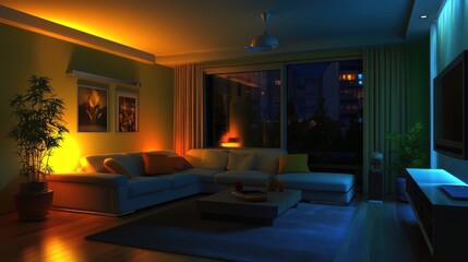 Contemporary living room at night under dim light