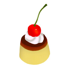 Delicious caramel custard pudding topped with smooth whipped cream and a bright red cherry, creating a perfect blend of sweetness and texture for dessert lovers
