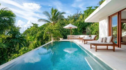 Fototapeta premium Modern angular luxury home perched on a lush hillside, blending sophistication with nature's beauty.