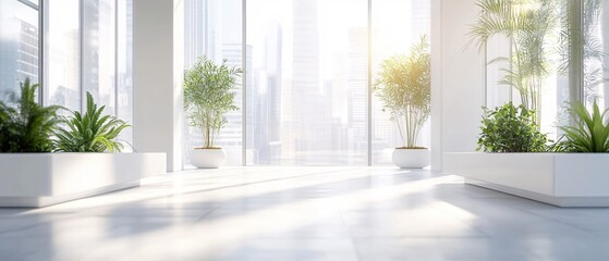 Fototapeta premium Bright interior with plants and large windows overlooking city buildings in the distance