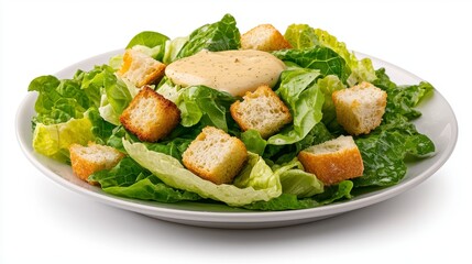 Fresh Caesar Salad with Crispy Croutons and Creamy Dressing on White Plate