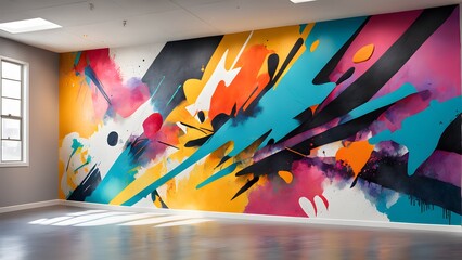 Abstract vibrant graffiti mural on a wall in a modern room.