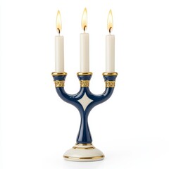 Elegant Three-Candle Candelabra with Navy Blue and Off-White Porcelain and Gold Accents