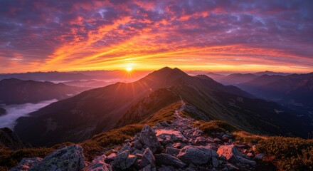 Naklejka premium Sunrise over mountain ridge lighting up valley