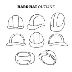 Set of Safety construction helmet outline collection with line art style,with various view or composition, hard hat with different view angles, construction safety industry hat protective worker