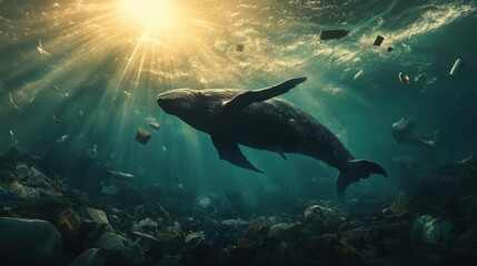 Obraz premium Whale swimming in ocean pollution surrounded by floating trash and plastic waste