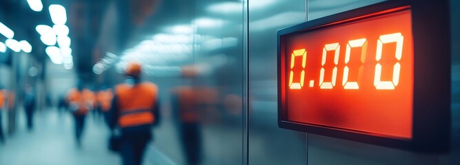 A digital clock embedded in a wall, counting down to a major project deadline, with workers preparing for the final push