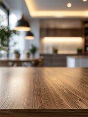 Wooden Tabletop Surface in Focus with Blurry Modern Kitchen and Dining Area Background