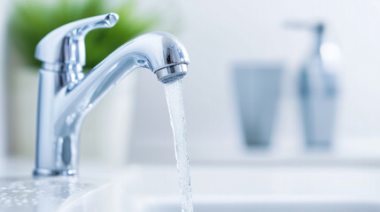 Water Flowing from Faucet: A close-up shot of a chrome faucet with water flowing steadily into a sink. The smooth, metallic surface reflects the soft light.