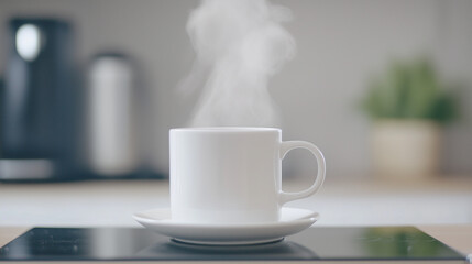 Morning Ritual: A simple white mug of steaming coffee sits on a sleek countertop, inviting viewers to savor the comforting aroma of a freshly brewed cup. 