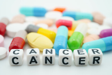 Cancer word with pills and capsules medical drug.