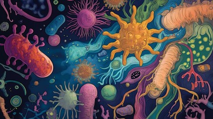 Obraz premium Vibrant Microscopic World Colorful Bacteria and Viruses Illustration