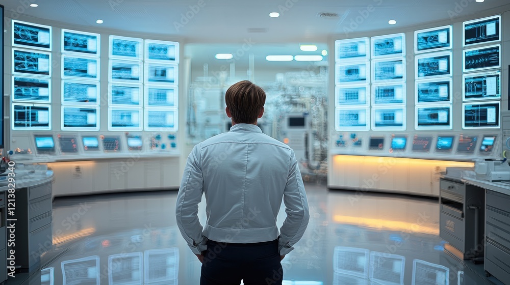 Poster A factory supervisor overseeing operations, standing in front of a large control panel, with multiple screens displaying factory metrics and machines working in the background.