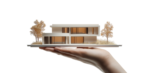 model of a house on his palms hand concept of mortgage lending real estate insurance construction design