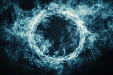 Mystical Swirling Smoke Ring Frame with text copy space in the middle on a black backdrop. Background of Mystical Foggy Halloween. Generative Ai