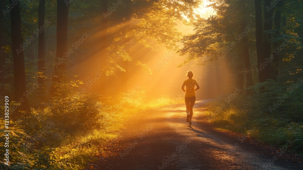 Leinwandbilder a person enjoys a morning jog along a secluded forest path, surrounded by tall trees. sunlight strea